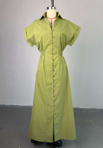 Women Summer Turndown Collar Short Sleeve Slit Shirt Dress