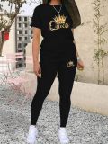 Women Gradient Crown Queen Letter Casual Print Summer Short Sleeve Top and Pants Two-piece Set