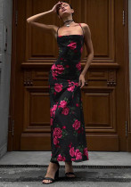 Women Spring Flower Print Sexy Backless Lace-Up Dress