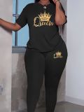 Women Gradient Crown Queen Letter Casual Print Summer Short Sleeve Top and Pants Two-piece Set