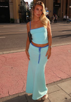 Women solid sleeveless strapless top and skirt two-piece set Women solid sleeveless strapless top and skirt two-piece set