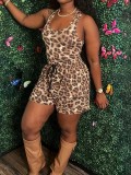 Women Leopard Print Suspender Top and Lace-up pocket shorts two-piece set
