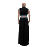 Women casual webbing patchwork top and denim wide-leg pants two-piece set