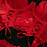Women red lace sexy lingerie two-piece set