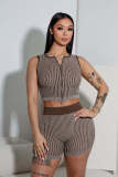 Women Knitting Zipper Top and Shorts Casual Two-piece Set