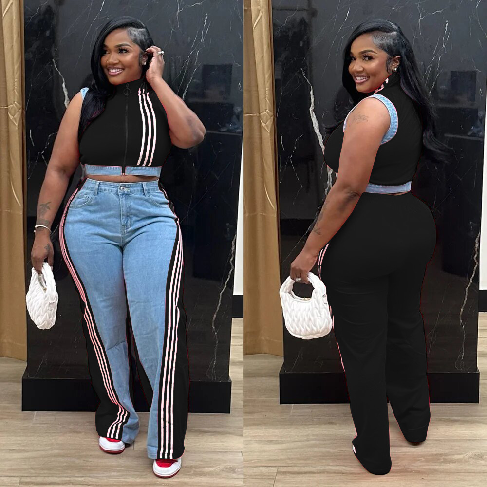 Women casual webbing patchwork top and denim wide-leg pants two-piece set