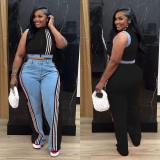 Women casual webbing patchwork top and denim wide-leg pants two-piece set