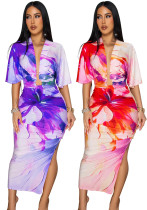 Summer Sexy Printed V Neck Top Side Slit Long Skirt Two Piece Set Summer Sexy Printed V Neck Top Side Slit Long Skirt Two Piece Set