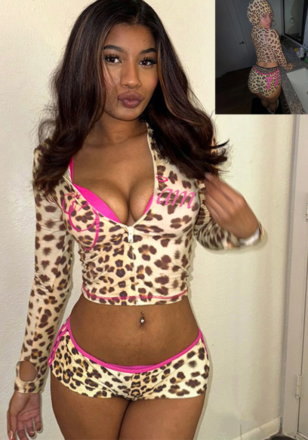 Spring and Summer Sexy Crop Slim Hooded Leopard Print Top and High Waist Shorts Two Piece Set