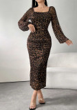 Mesh fabric print square neck long sleeve ruffle dress