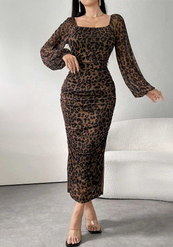 Mesh fabric print square neck long sleeve ruffle dress