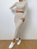 Women's spring Casual fashion Round Neck long sleeve Knitting two piece skirt set