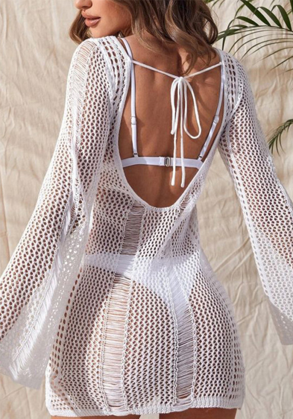 Summer Beach Knitting Hollow Low Back Long Sleeve Cover-Up
