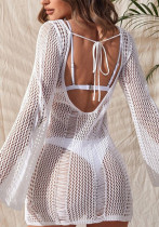 Summer Beach Knitting Hollow Low Back Long Sleeve Cover-Up Summer Beach Knitting Hollow Low Back Long Sleeve Cover-Up