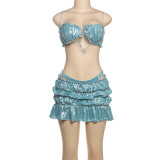 Women Spring and Summer Sexy Suspender Lace-Up Pleated Solid Skirt Three-Piece