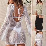 Summer Beach Knitting Hollow Low Back Long Sleeve Cover-Up