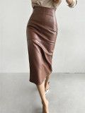 women's fashion spring autumn summer slit high waist straight Long Leather skirt