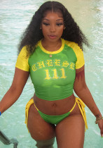 Summer Letter Print Short Sleeve T-Shirt Swimming Panties Set