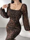 Mesh fabric print square neck long sleeve ruffle dress