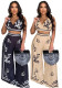 Summer Sexy Print Halter V Neck Vest Wide Leg Pants Two Piece Set