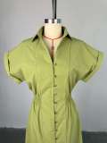 Women Summer Turndown Collar Short Sleeve Slit Shirt Dress
