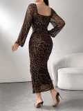 Mesh fabric print square neck long sleeve ruffle dress