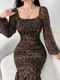 Mesh fabric print square neck long sleeve ruffle dress
