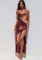 Summer Sexy Flower Mesh Strap Backless Slit Long Dress Summer Sexy Flower Mesh Strap Backless Slit Long Dress