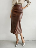 women's fashion spring autumn summer slit high waist straight Long Leather skirt