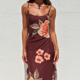 Summer Sexy Flower Mesh Strap Backless Slit Long Dress