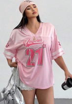 Fashionable trend street print loose Casual V-neck top short sleeve t-shirt Fashionable trend street print loose Casual V-neck top short sleeve t-shirt