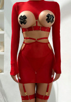 Women's sexy long sleeve hollow Round Neck Low Back Garter night dress