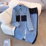 Denim Patchwork Fashion Casual Spring and Autumn Long Sleeve Top Wide Leg Long Pants Two Piece Set