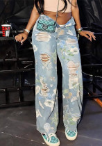 Spring Floral Print Ripped High Waist Loose Straight Denim Pants