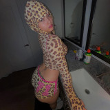 Spring and Summer Sexy Crop Slim Hooded Leopard Print Top and High Waist Shorts Two Piece Set