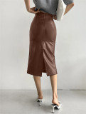 women's fashion spring autumn summer slit high waist straight Long Leather skirt