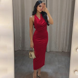 Women's Spring Summer Fashion Sexy Low Back Slit Halter Neck Lace-up Sleeveless Dress