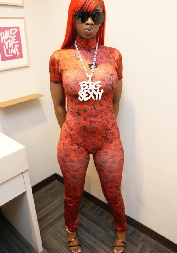 Rose Printed short sleeve Low Back sexy fashion Jumpsuit