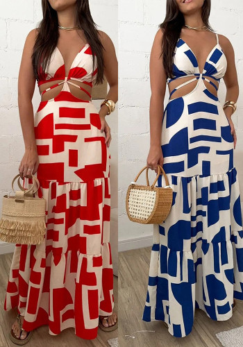 Summer print Low Back hollow Lace-Up Long dress