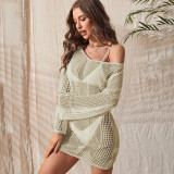 Summer Beach Knitting Hollow Low Back Long Sleeve Cover-Up