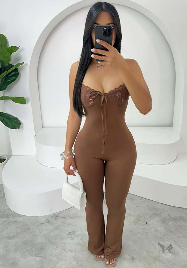 Solid color elastic slim sexy lace Patchwork bow Jumpsuit