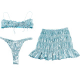 Women Spring and Summer Sexy Suspender Lace-Up Pleated Solid Skirt Three-Piece