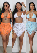 Summer Crocheted Hollow Bra Tassel Short Skirt Sexy Two-Piece Set Summer Crocheted Hollow Bra Tassel Short Skirt Sexy Two-Piece Set