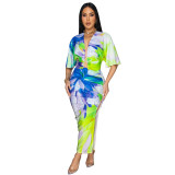 Summer Sexy Printed V Neck Top Side Slit Long Skirt Two Piece Set