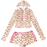 Spring and Summer Sexy Crop Slim Hooded Leopard Print Top and High Waist Shorts Two Piece Set