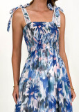 Spring and Summer Women's Strap Elastic Waist Strap Print Long Dress
