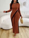 Autumn women's fashion long sleeve contrast color split T-shirt Patchwork trousers for women