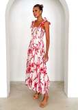 Spring and Summer Women's Strap Elastic Waist Strap Print Long Dress