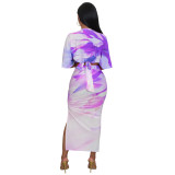 Summer Sexy Printed V Neck Top Side Slit Long Skirt Two Piece Set