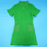 Spring Plus Size Short Sleeve Zipper Hollow Midi Dress